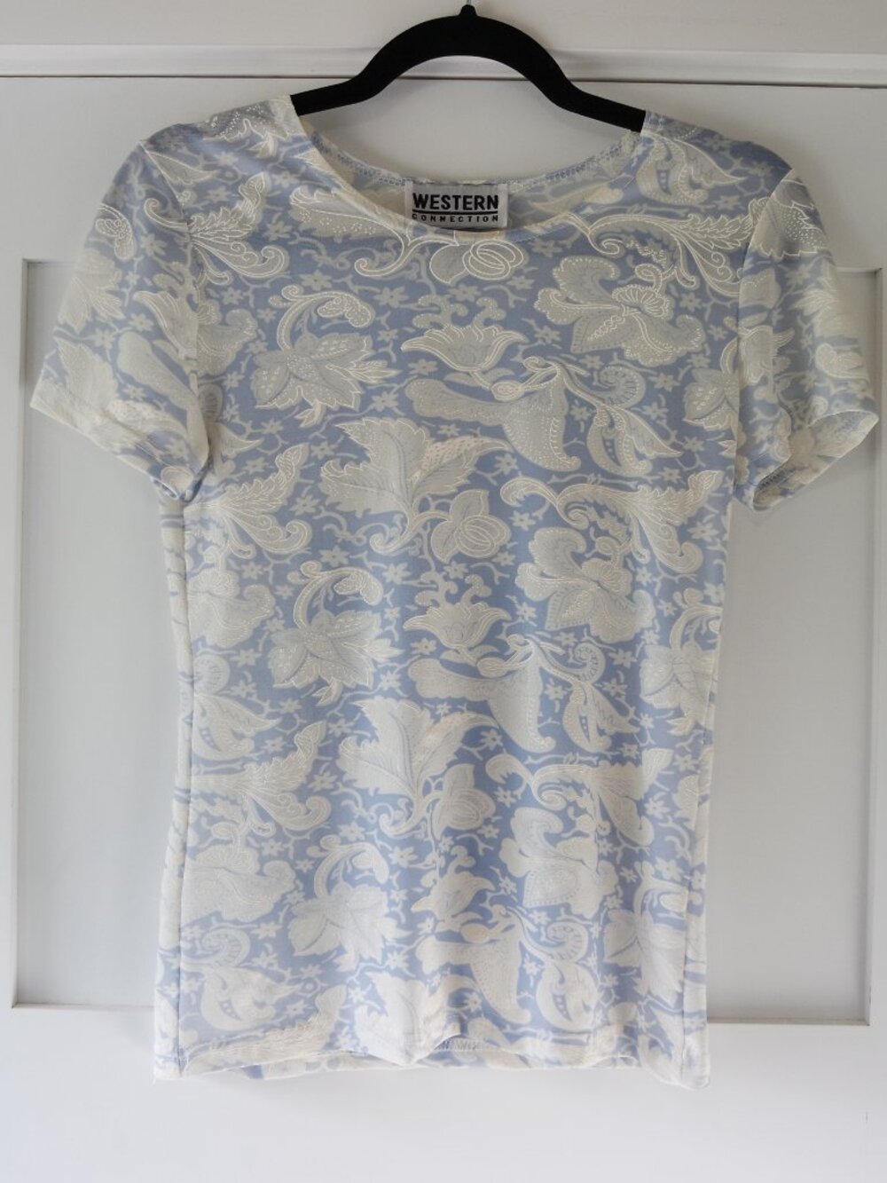 Western Connection Sheer Floral Top Womens XS Blue White Y2K Mesh Tee Fitted